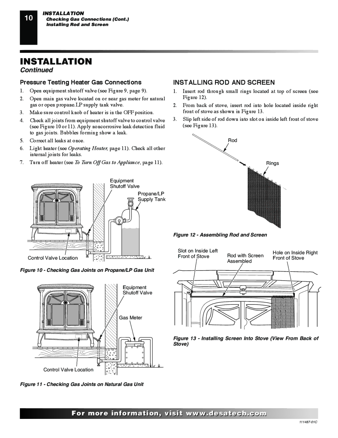 Desa CSBNT, CSPIPT, CSPBPT CSPINT, CSBPT CSPBNT Installing ROD and Screen, Pressure Testing Heater Gas Connections 