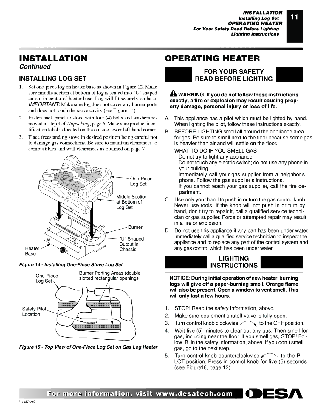 Desa CSBPT CSPBNT, CSBNT Operating Heater, Installing LOG SET, For Your Safety Read Before Lighting, Lighting Instructions 