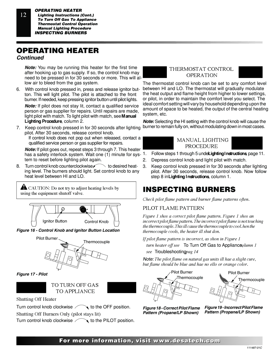 Desa CSPIPT Inspecting Burners, Thermostat Control Operation, Manual Lighting Procedure, To Turn OFF GAS To Appliance 