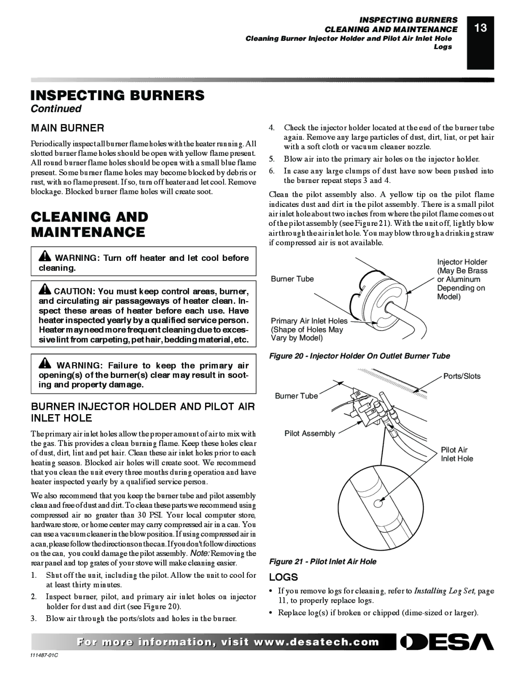 Desa CSPBPT CSPINT, CSPIPT, CSBNT Cleaning Maintenance, Main Burner, Burner Injector Holder and Pilot AIR Inlet Hole, Logs 