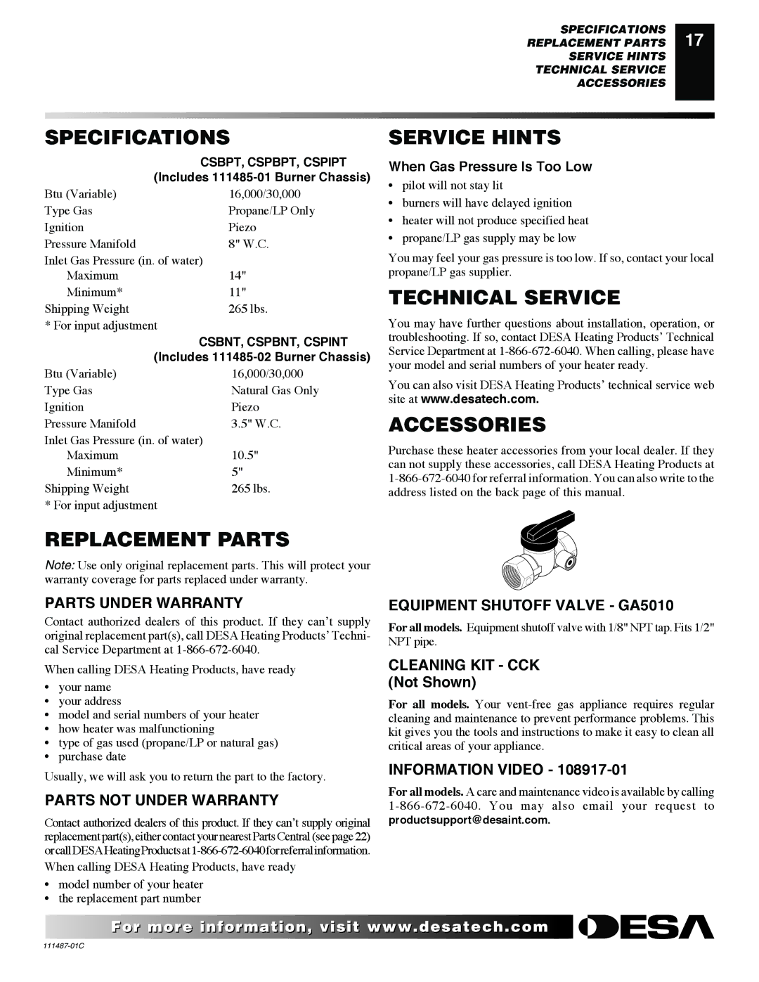 Desa CSPBPT CSPINT, CSPIPT, CSBNT Specifications, Replacement Parts Service Hints, Technical Service, Accessories 