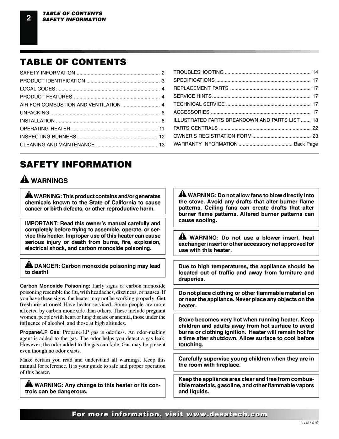 Desa CSBNT, CSPIPT, CSPBPT CSPINT, CSBPT CSPBNT installation manual Table of Contents, Safety Information 