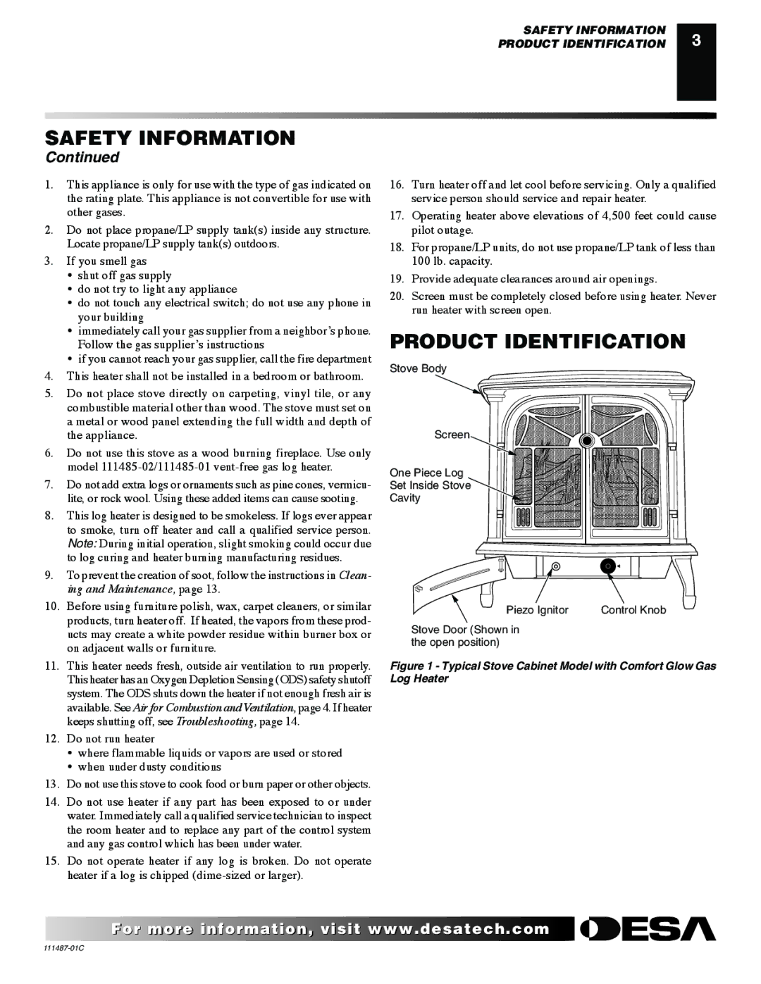 Desa CSBPT CSPBNT, CSPIPT, CSBNT Product Identification, Typical Stove Cabinet Model with Comfort Glow Gas Log Heater 