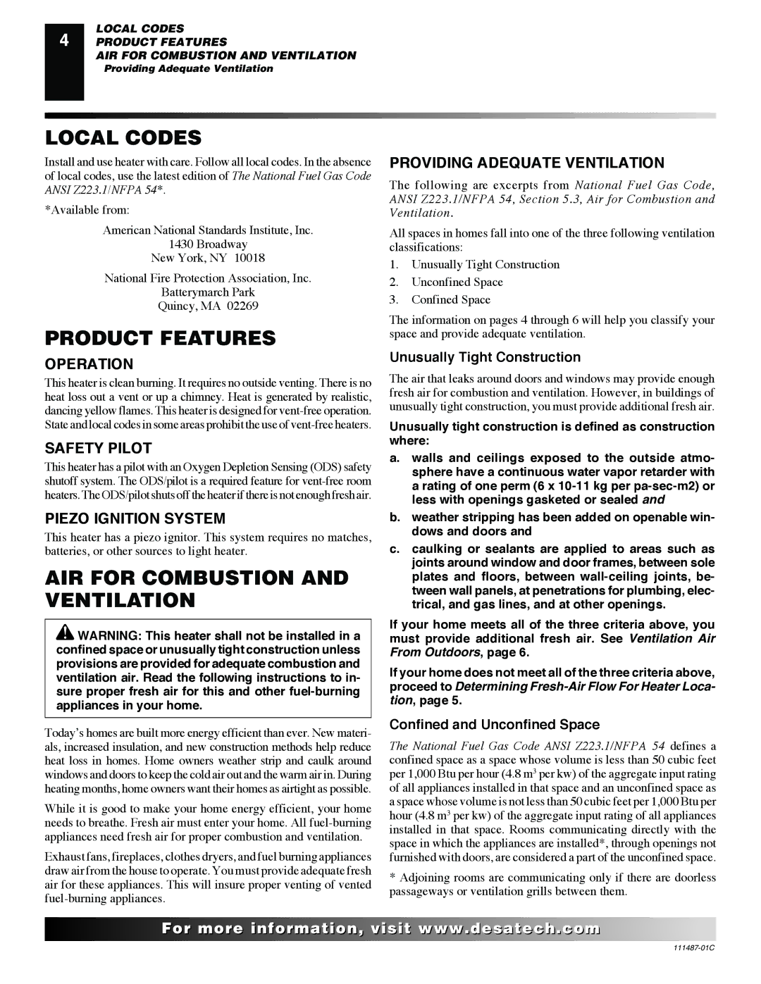 Desa CSPIPT, CSPBPT CSPINT, CSBNT, CSBPT CSPBNT Local Codes, Product Features, AIR for Combustion and Ventilation 