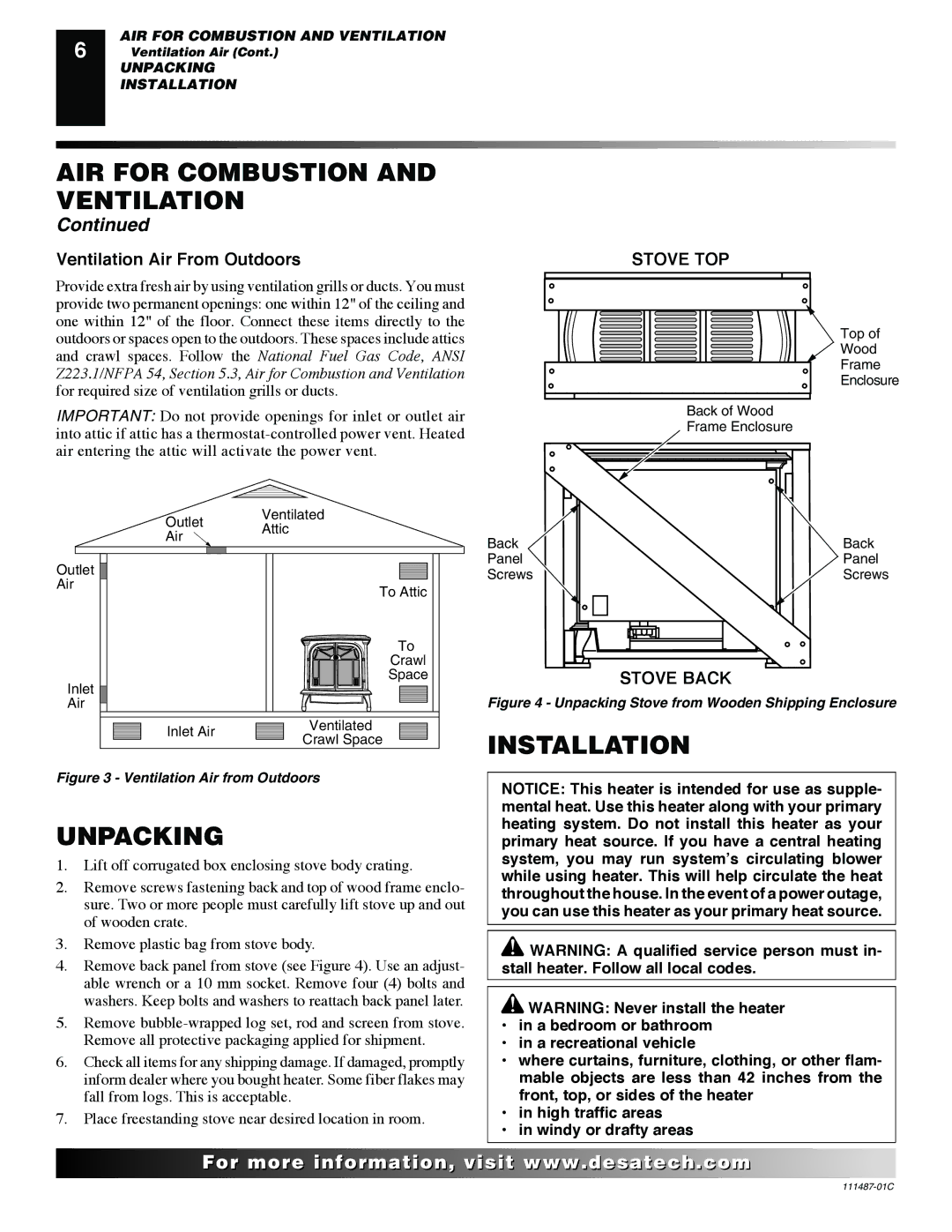 Desa CSBNT, CSPIPT, CSPBPT CSPINT, CSBPT CSPBNT installation manual Unpacking, Installation, Ventilation Air From Outdoors 