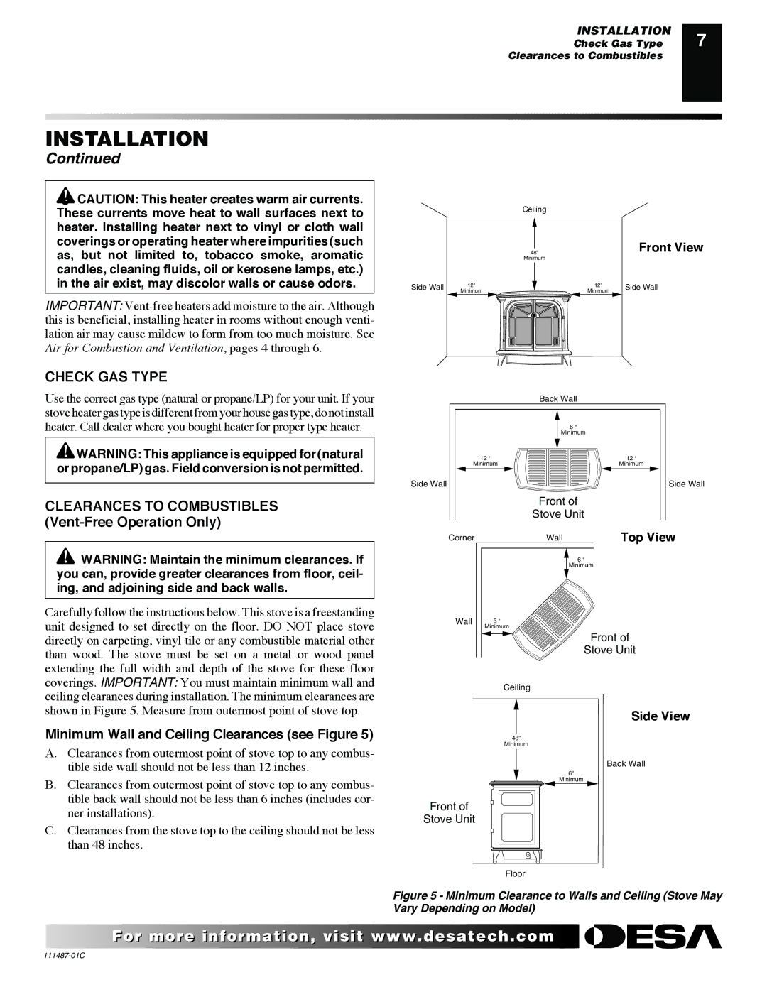 Desa CSBPT CSPBNT Clearances to Combustibles Vent-Free Operation Only, Minimum Wall and Ceiling Clearances see Figure 