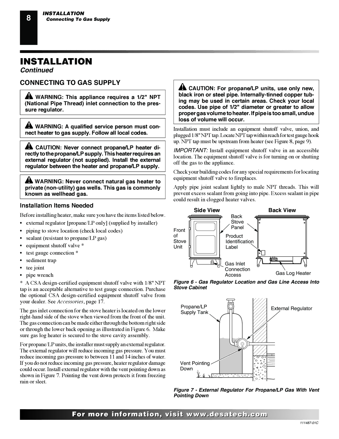 Desa CSPIPT, CSPBPT CSPINT, CSBNT, CSBPT CSPBNT installation manual Connecting to GAS Supply, Installation Items Needed 