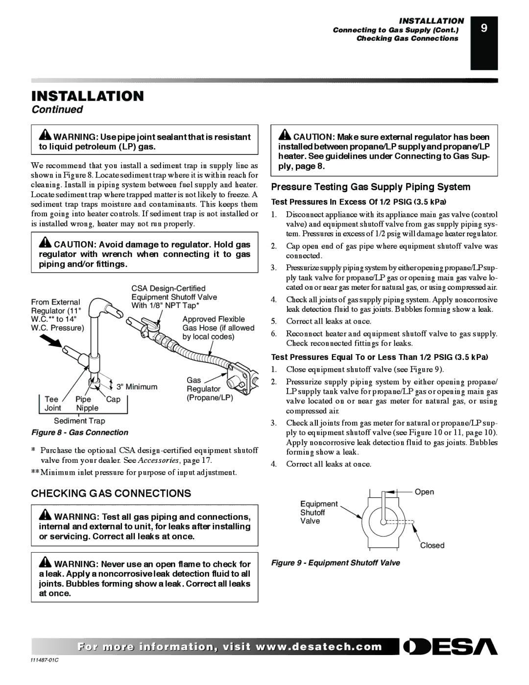 Desa CSPBPT CSPINT, CSPIPT, CSBNT, CSBPT CSPBNT Checking GAS Connections, Pressure Testing Gas Supply Piping System 