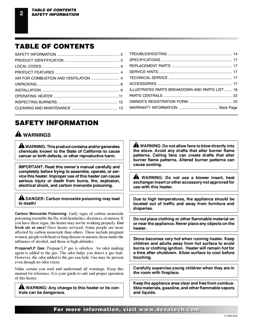 Desa CSBNT, CSPIPT Table Of Contents, Safety Information, For..com, DANGER Carbon monoxide poisoning may lead to death 