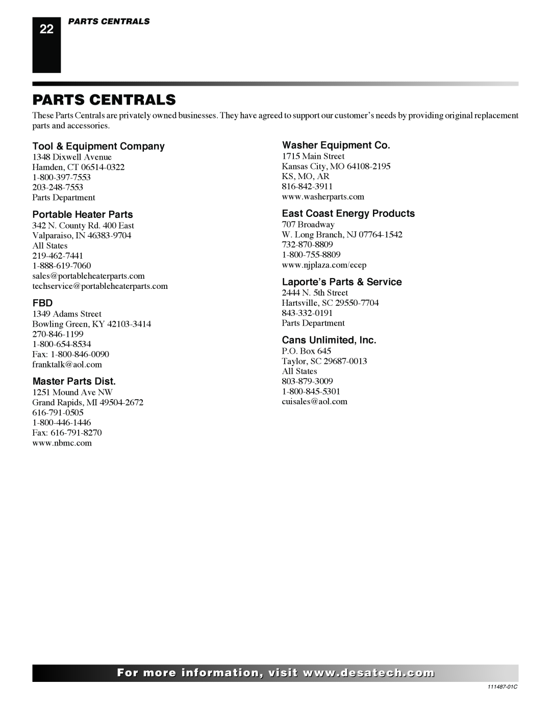Desa CSBNT, CSPIPT Parts Centrals, For..com, Tool & Equipment Company, Portable Heater Parts, Laporte’s Parts & Service 