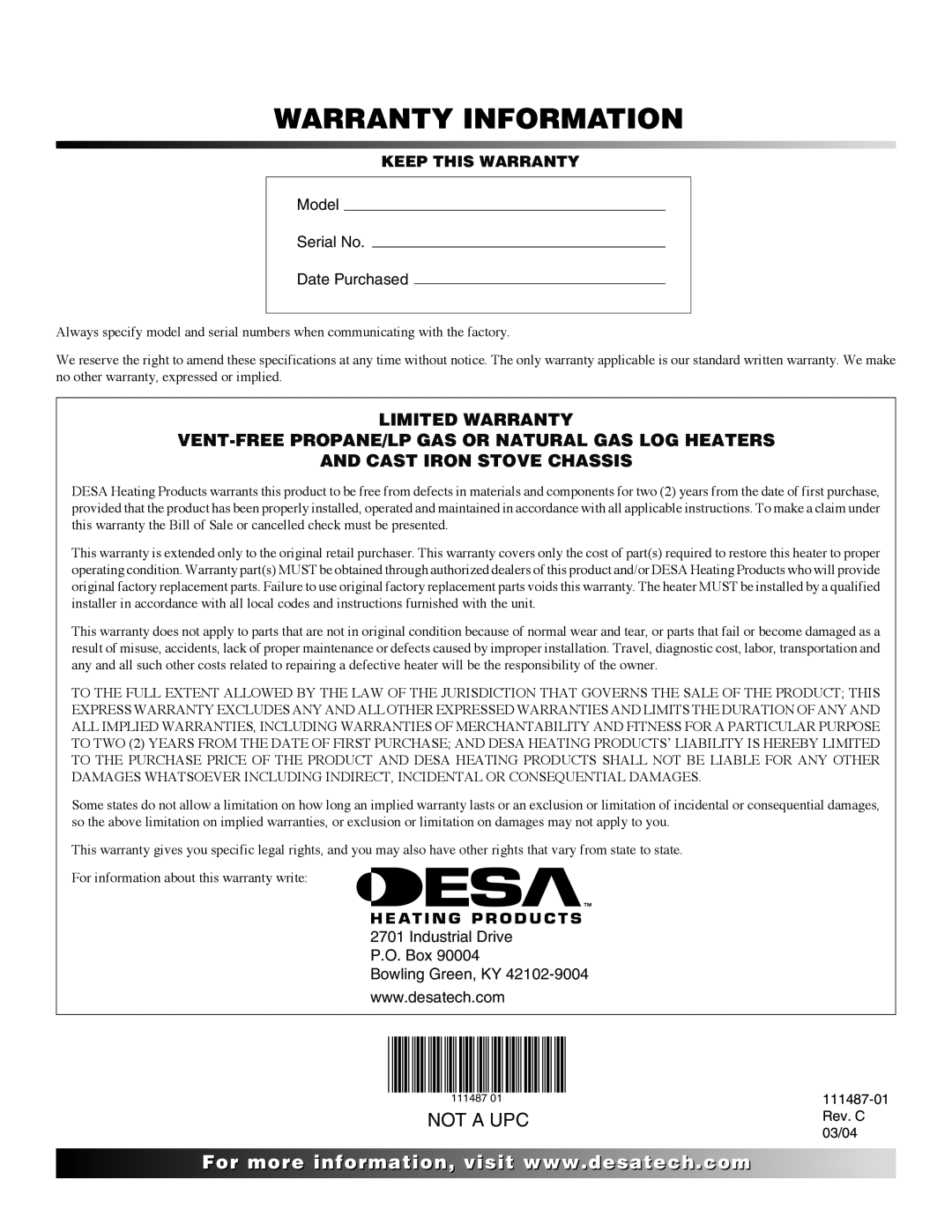 Desa CSBNT Not A Upc, Warranty Information, For..com, Limited Warranty Vent-Free Propane/Lp Gas Or Natural Gas Log Heaters 