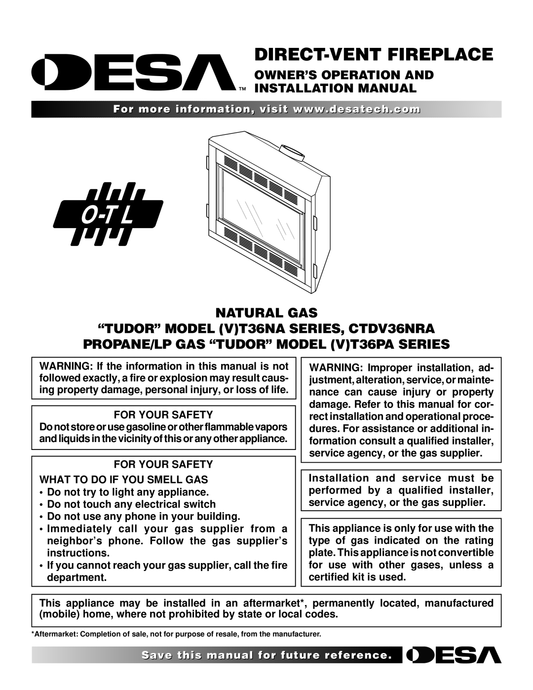Desa VT36PA, CTDV36NRA, VT36NA installation manual For Your Safety What to do if YOU Smell GAS 