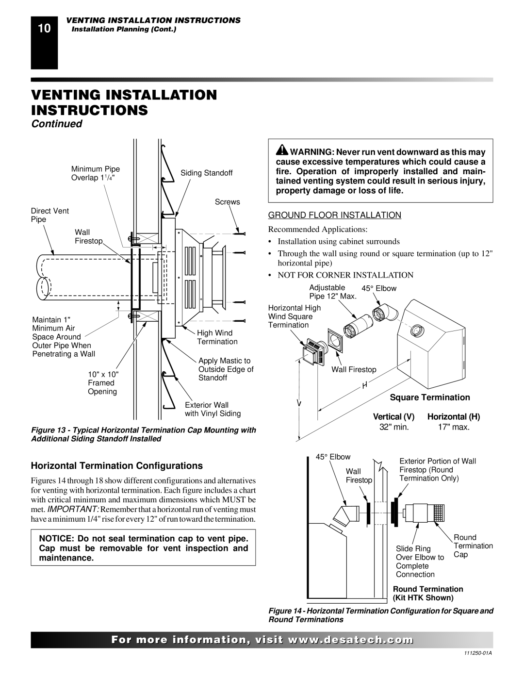 Desa VT36PA, CTDV36NRA, VT36NA installation manual Horizontal Termination Configurations, Square Termination 