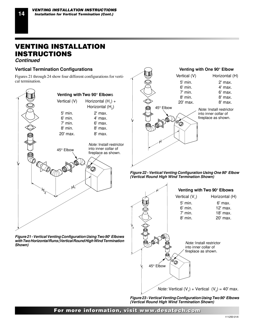 Desa VT36NA, CTDV36NRA, VT36PA installation manual Vertical Termination Configurations, Venting with One 90 Elbow 