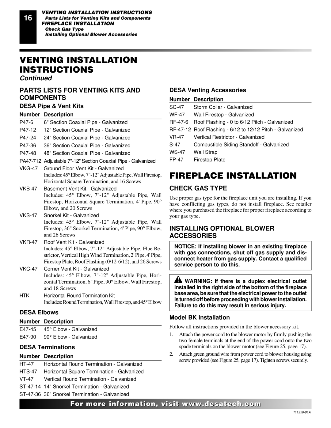 Desa VT36PA, CTDV36NRA, VT36NA Fireplace Installation, Parts Lists for Venting Kits and Components, Check GAS Type 