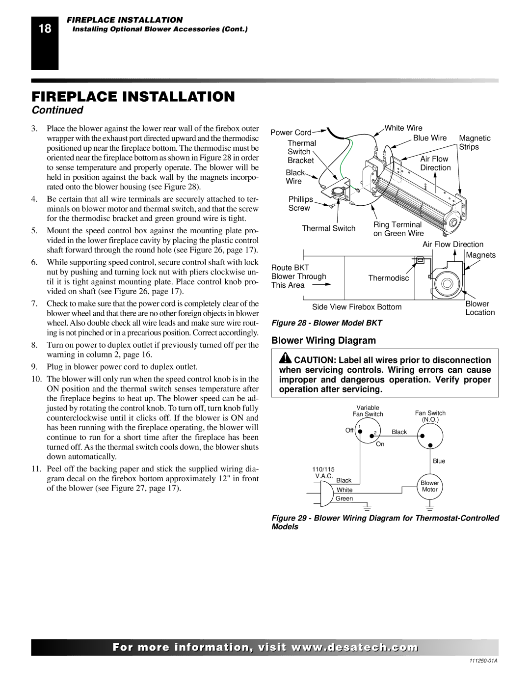 Desa CTDV36NRA, VT36PA, VT36NA installation manual Blower Wiring Diagram, Blower Model BKT 