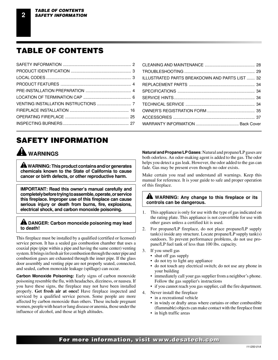 Desa VT36NA, CTDV36NRA, VT36PA installation manual Table of Contents, Safety Information 