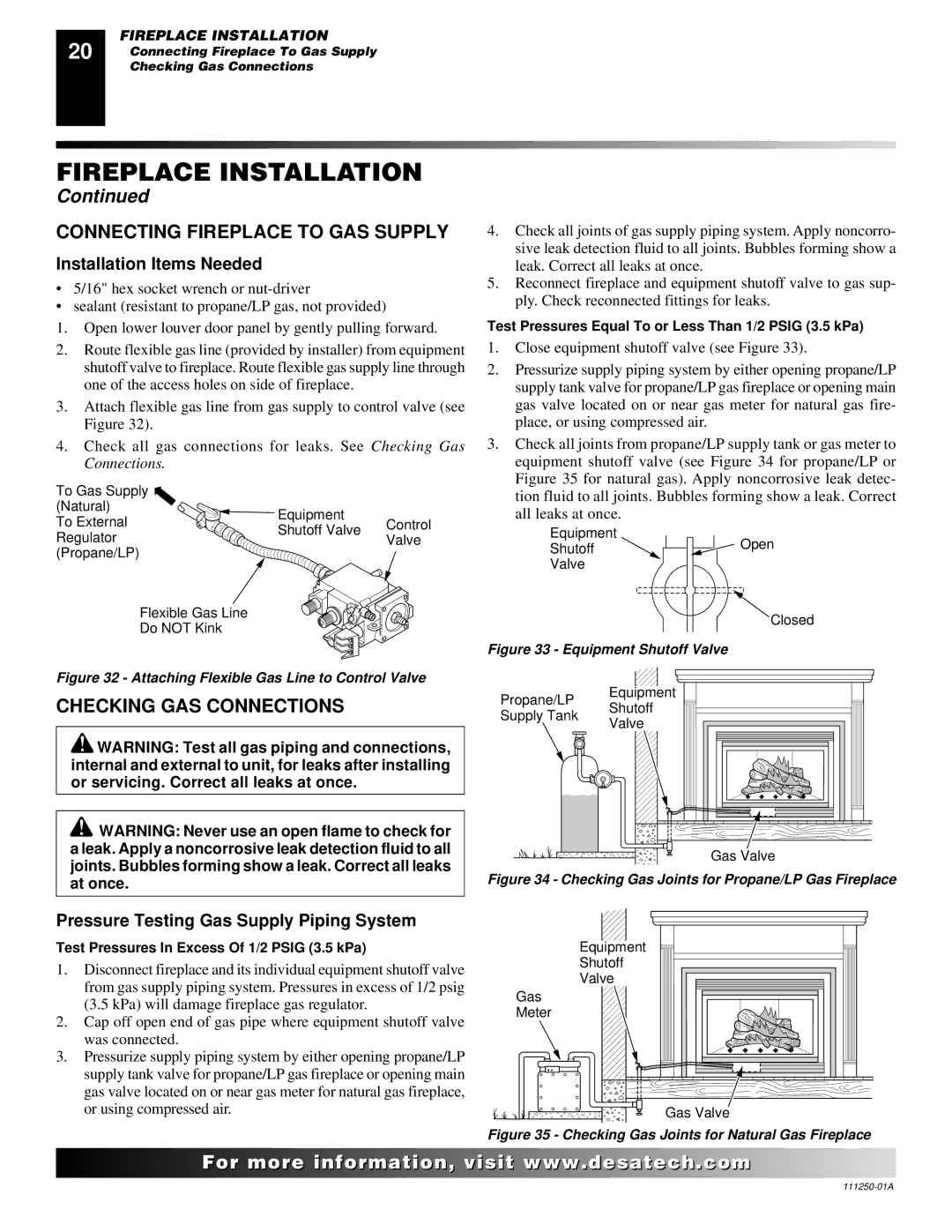 Desa VT36NA, CTDV36NRA, VT36PA Connecting Fireplace to GAS Supply, Checking GAS Connections, Installation Items Needed 