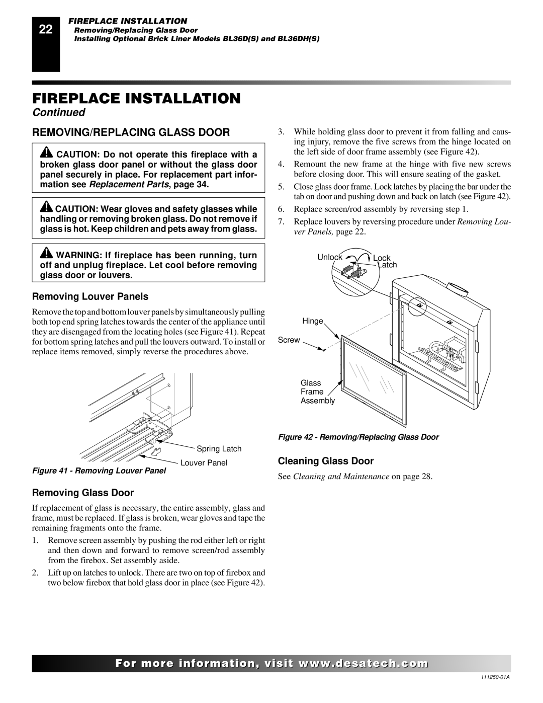 Desa VT36PA, CTDV36NRA REMOVING/REPLACING Glass Door, Removing Louver Panels, Cleaning Glass Door, Removing Glass Door 