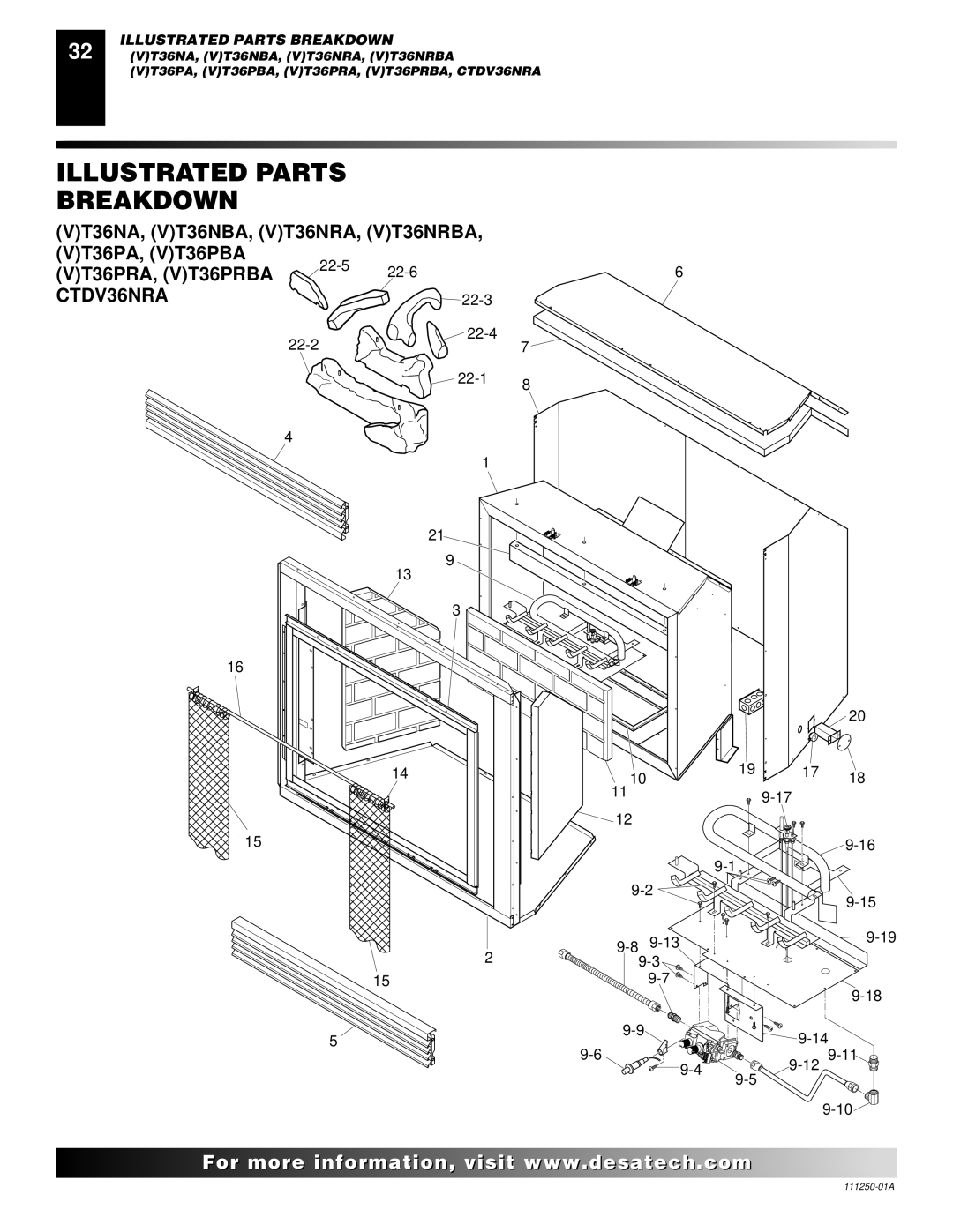 Desa VT36NA, VT36PA installation manual Illustrated Parts Breakdown, VT36PRA, VT36PRBA, CTDV36NRA 