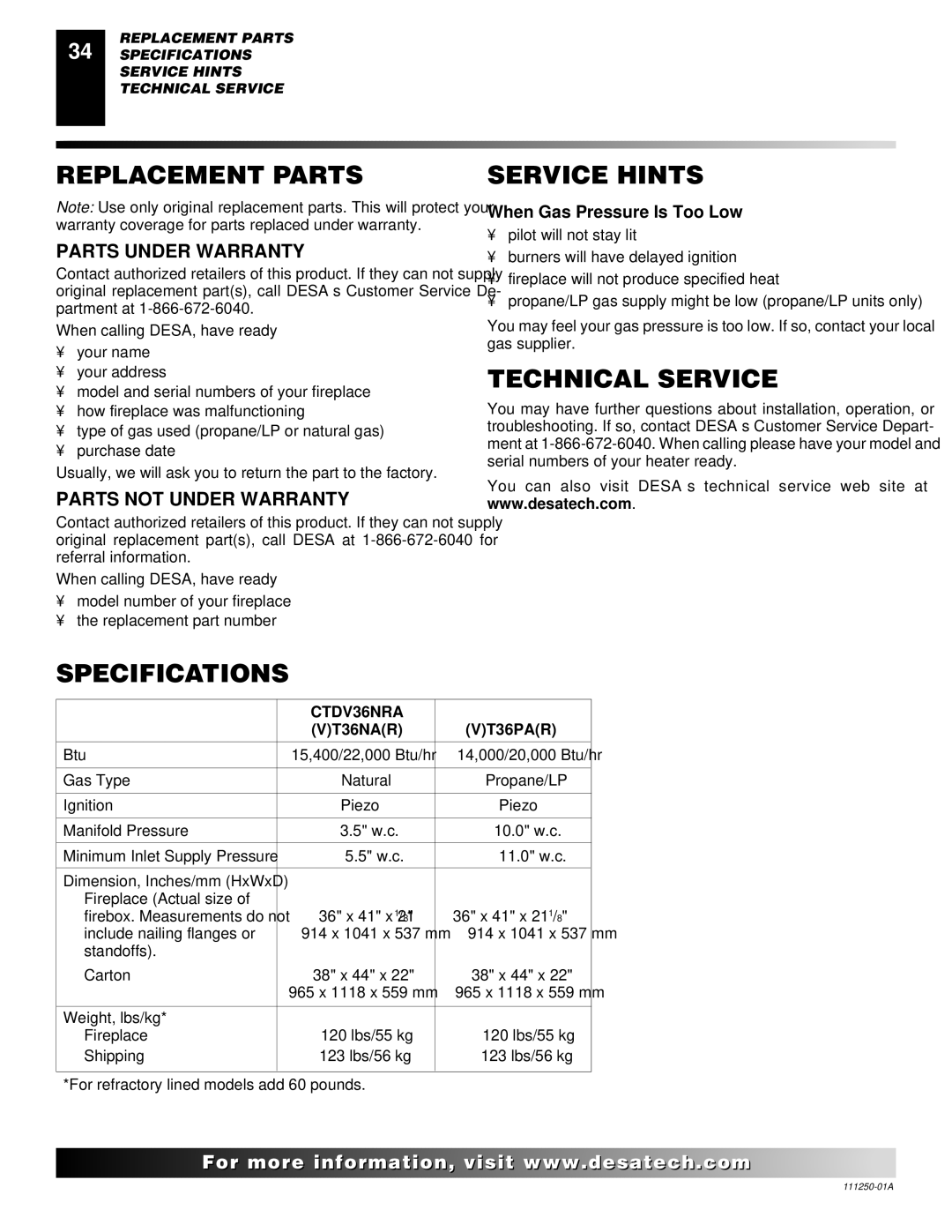 Desa VT36PA, CTDV36NRA, VT36NA installation manual Replacement Parts, Service Hints, Technical Service, Specifications 