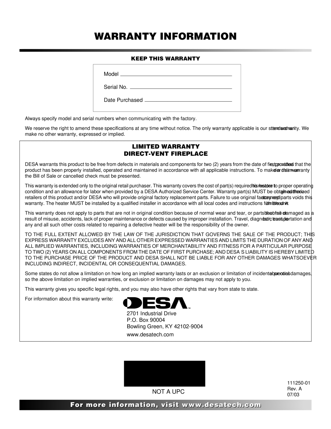 Desa VT36NA, CTDV36NRA, VT36PA installation manual Warranty Information 