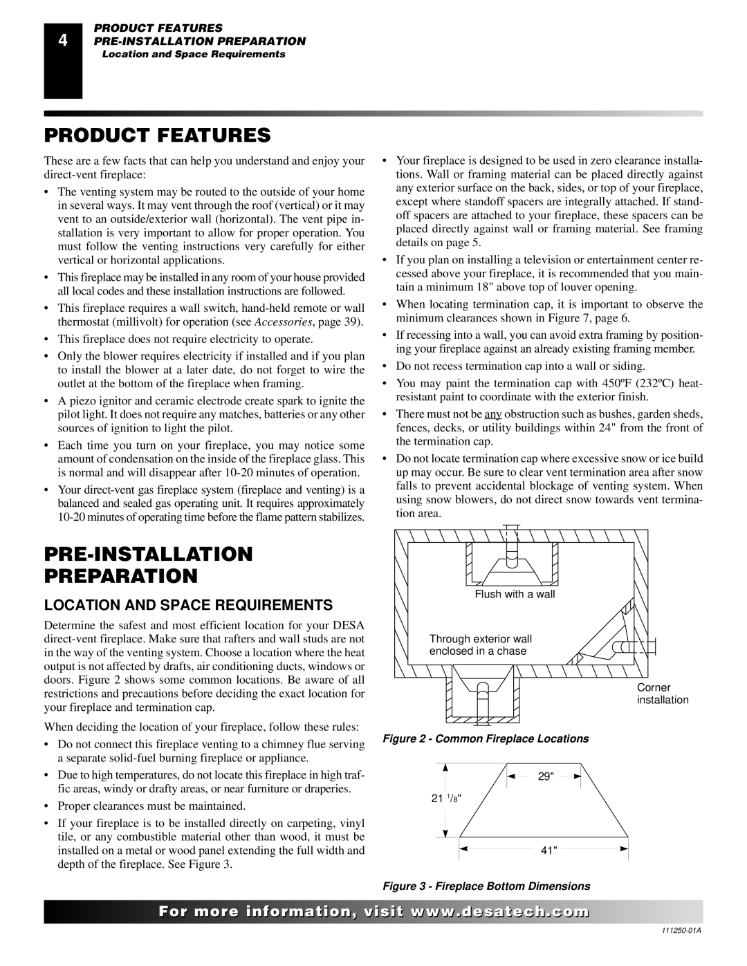 Desa VT36PA, CTDV36NRA, VT36NA Product Features, PRE-INSTALLATION Preparation, Location and Space Requirements 