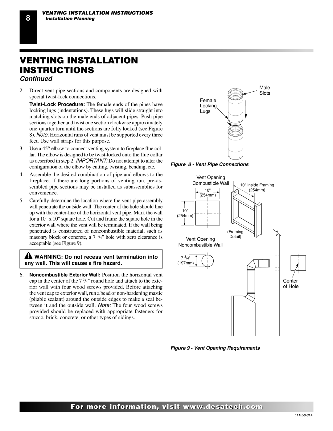 Desa VT36NA, CTDV36NRA, VT36PA installation manual Vent Pipe Connections 