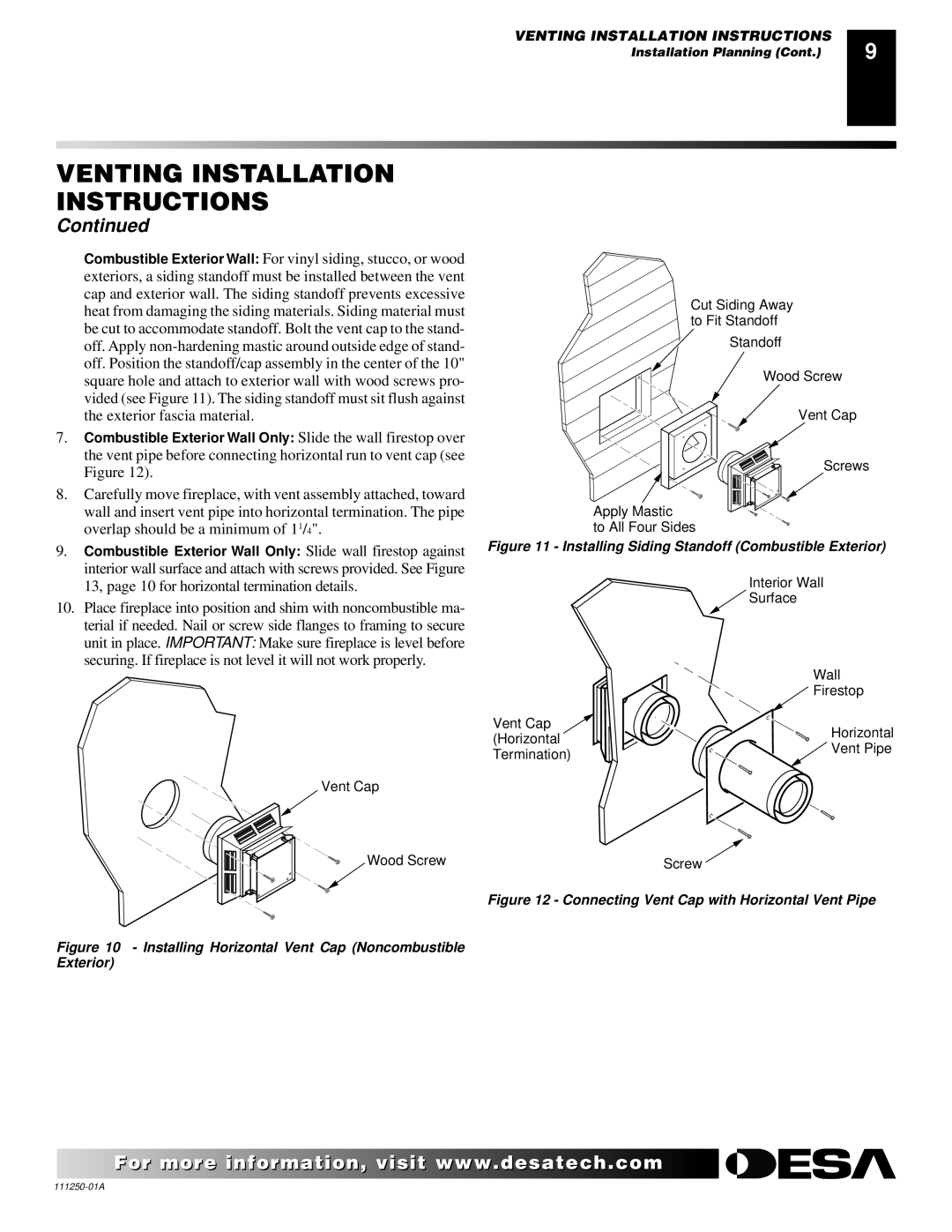 Desa CTDV36NRA, VT36PA, VT36NA installation manual Installing Horizontal Vent Cap Noncombustible Exterior 