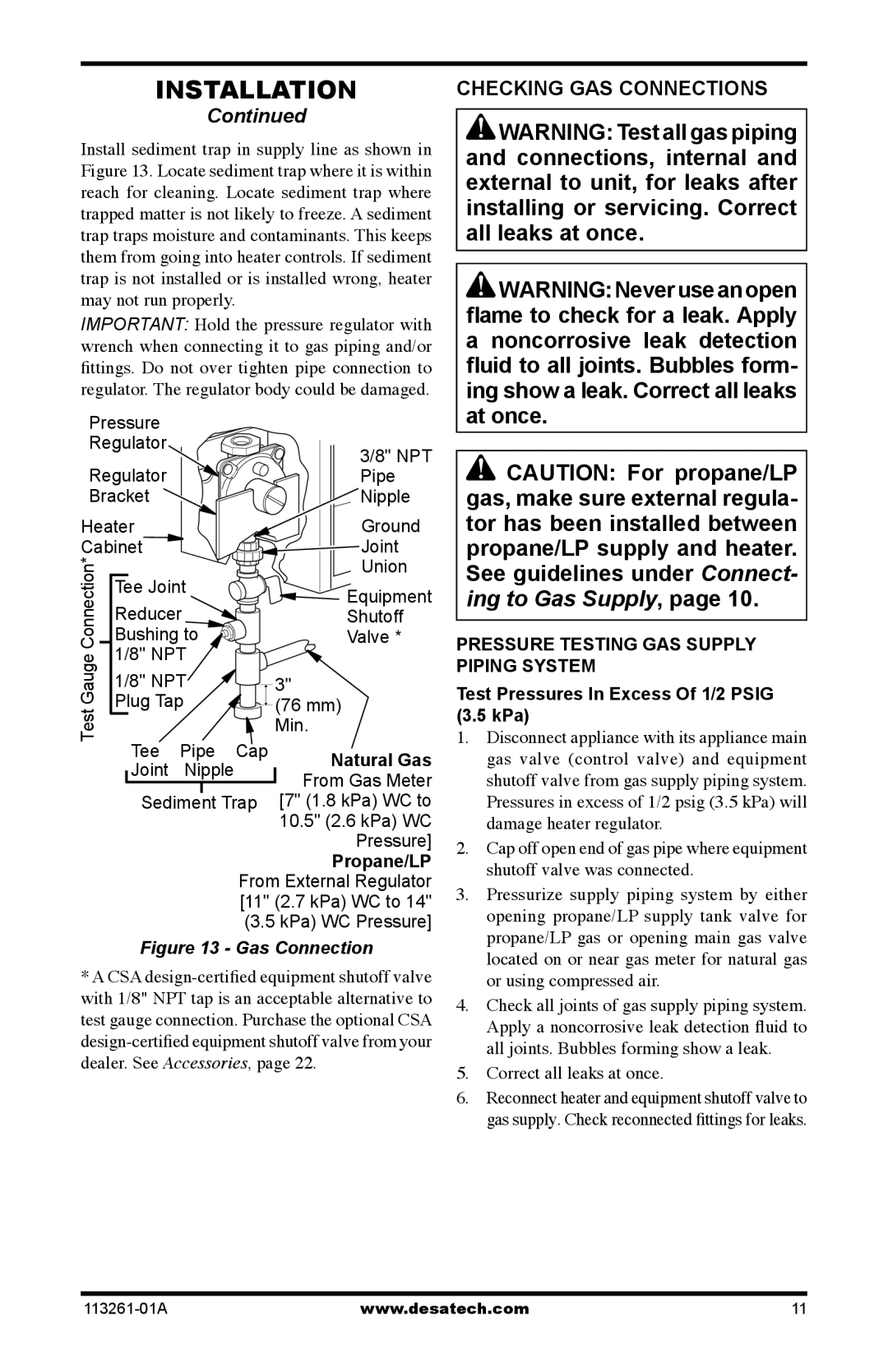 Desa VTN25R, VTP22R, CTR22PR, CTR25NR installation manual Checking GAS Connections 