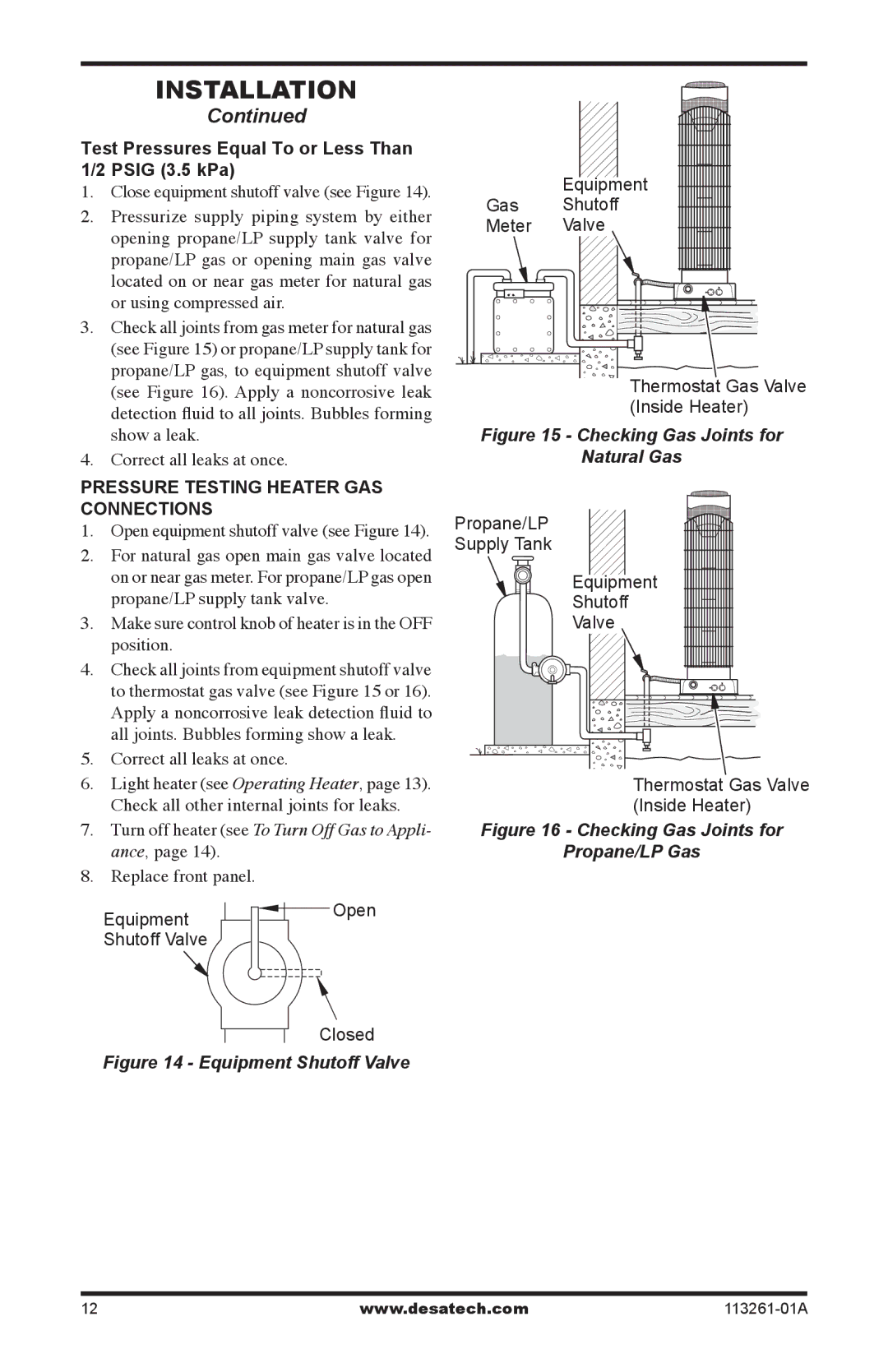 Desa CTR22PR Test Pressures Equal To or Less Than 1/2 Psig 3.5 kPa, Pressure Testing Heater GAS Connections, Closed 