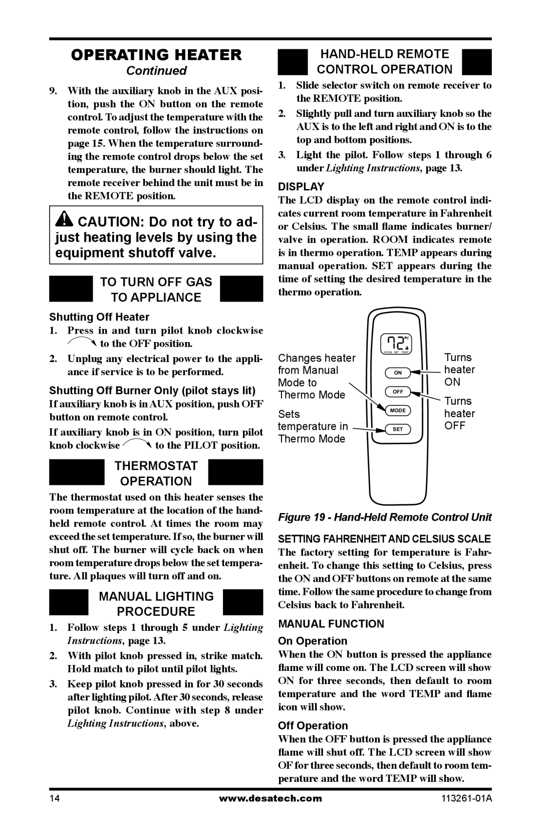 Desa VTN25R, VTP22R, CTR22PR, CTR25NR To Turn OFF GAS To Appliance, Thermostat Operation, Manual Lighting Procedure 