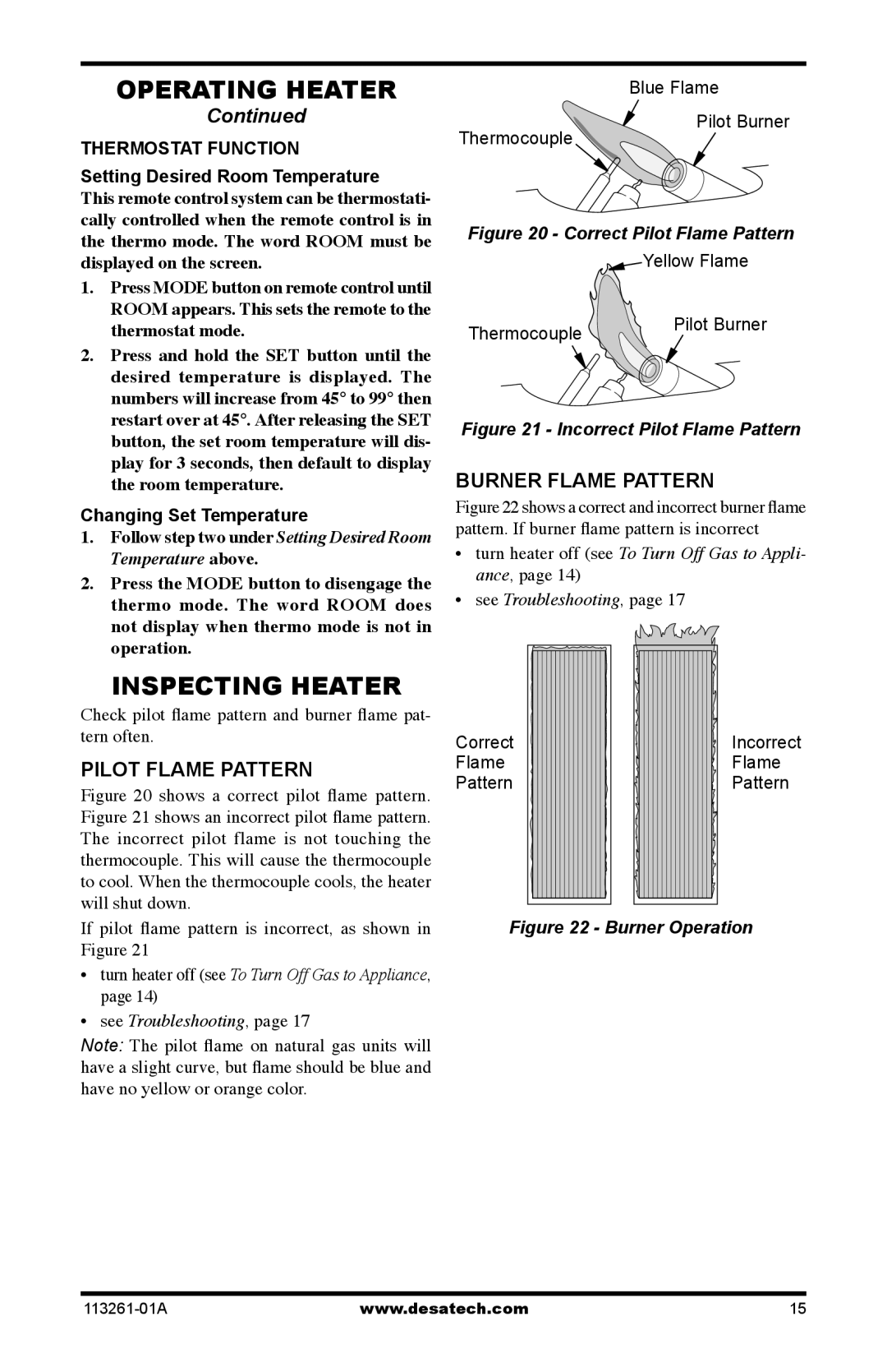 Desa CTR22PR Inspecting Heater, Pilot Flame Pattern, Burner Flame Pattern, Thermostat Function, Changing Set Temperature 