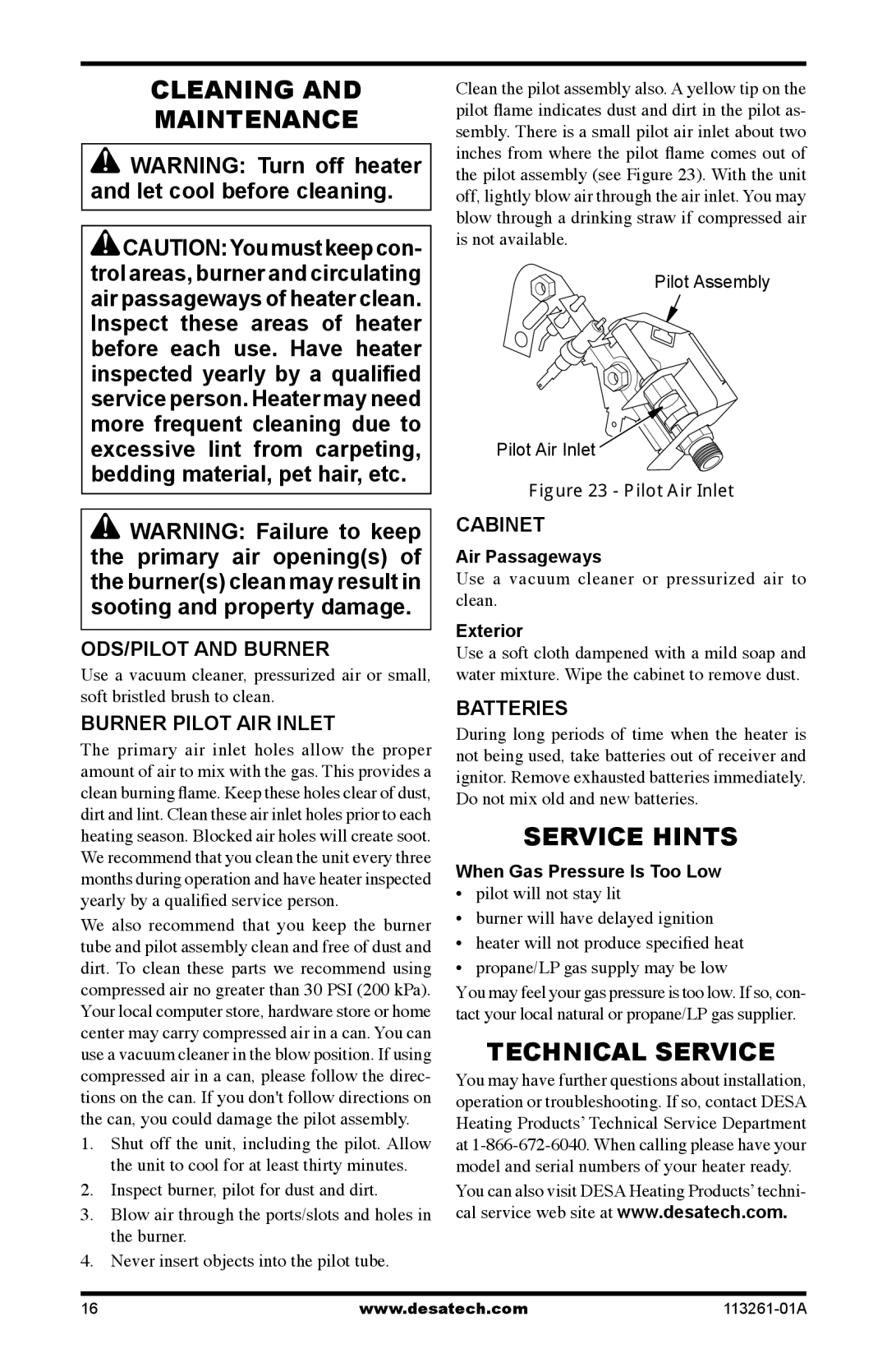 Desa CTR25NR, CTR22PR, VTN25R, VTP22R installation manual Cleaning Maintenance, Service Hints, Technical Service 