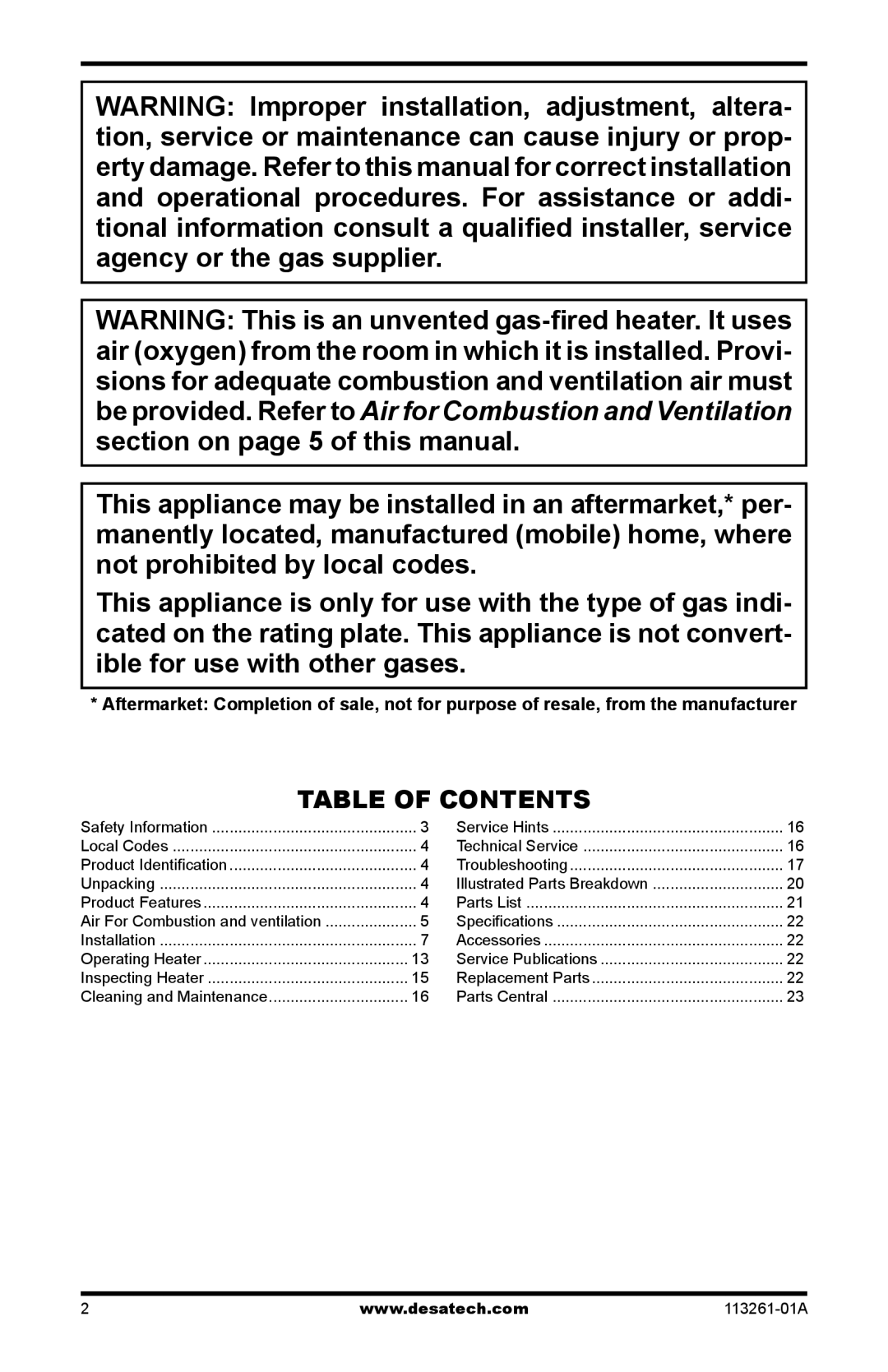 Desa VTN25R, VTP22R, CTR22PR, CTR25NR installation manual Table of Contents 