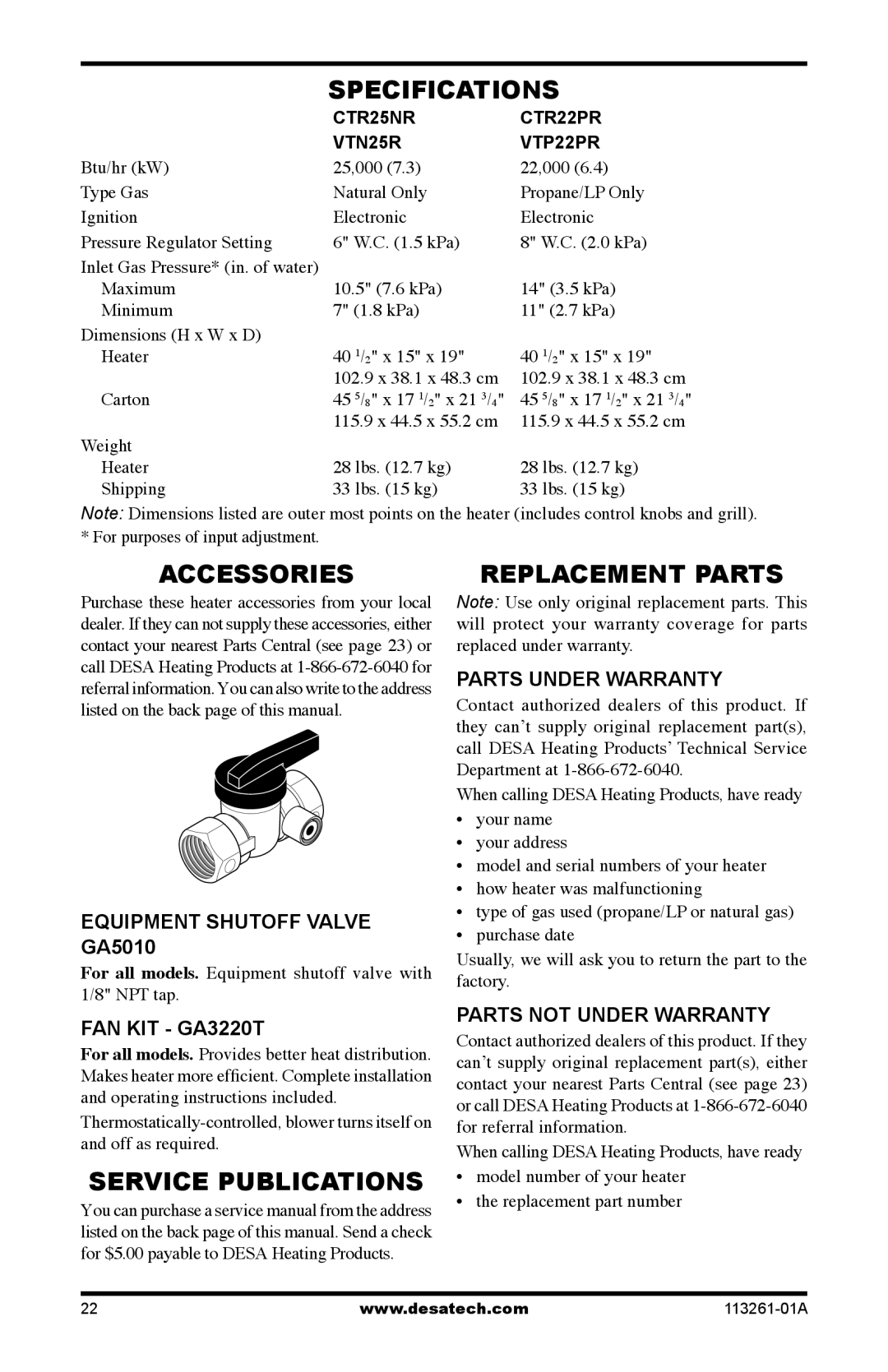 Desa CTR25NR, CTR22PR, VTN25R, VTP22R installation manual Specifications, Accessories, Service Publications Replacement Parts 