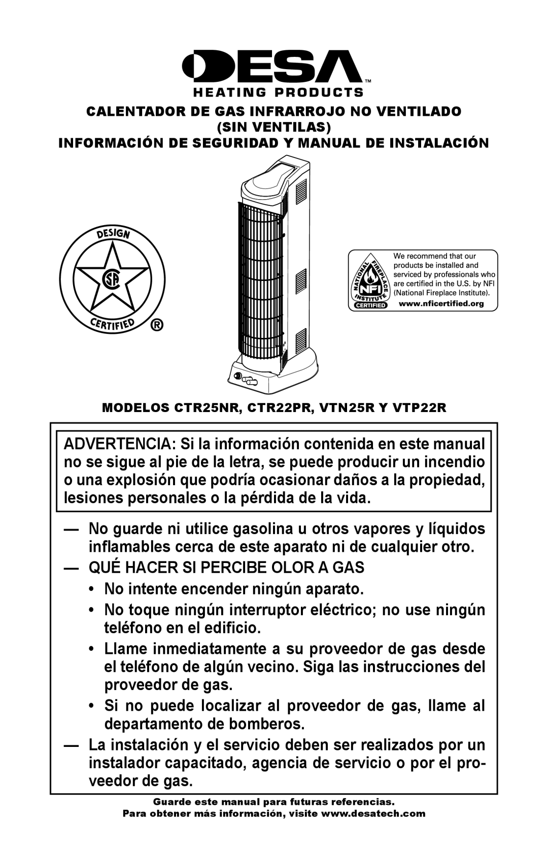 Desa VTN25R, VTP22R installation manual QUÉ Hacer SI Percibe Olor a GAS, Modelos CTR25NR, CTR22PR, VTN25R Y VTP22R 