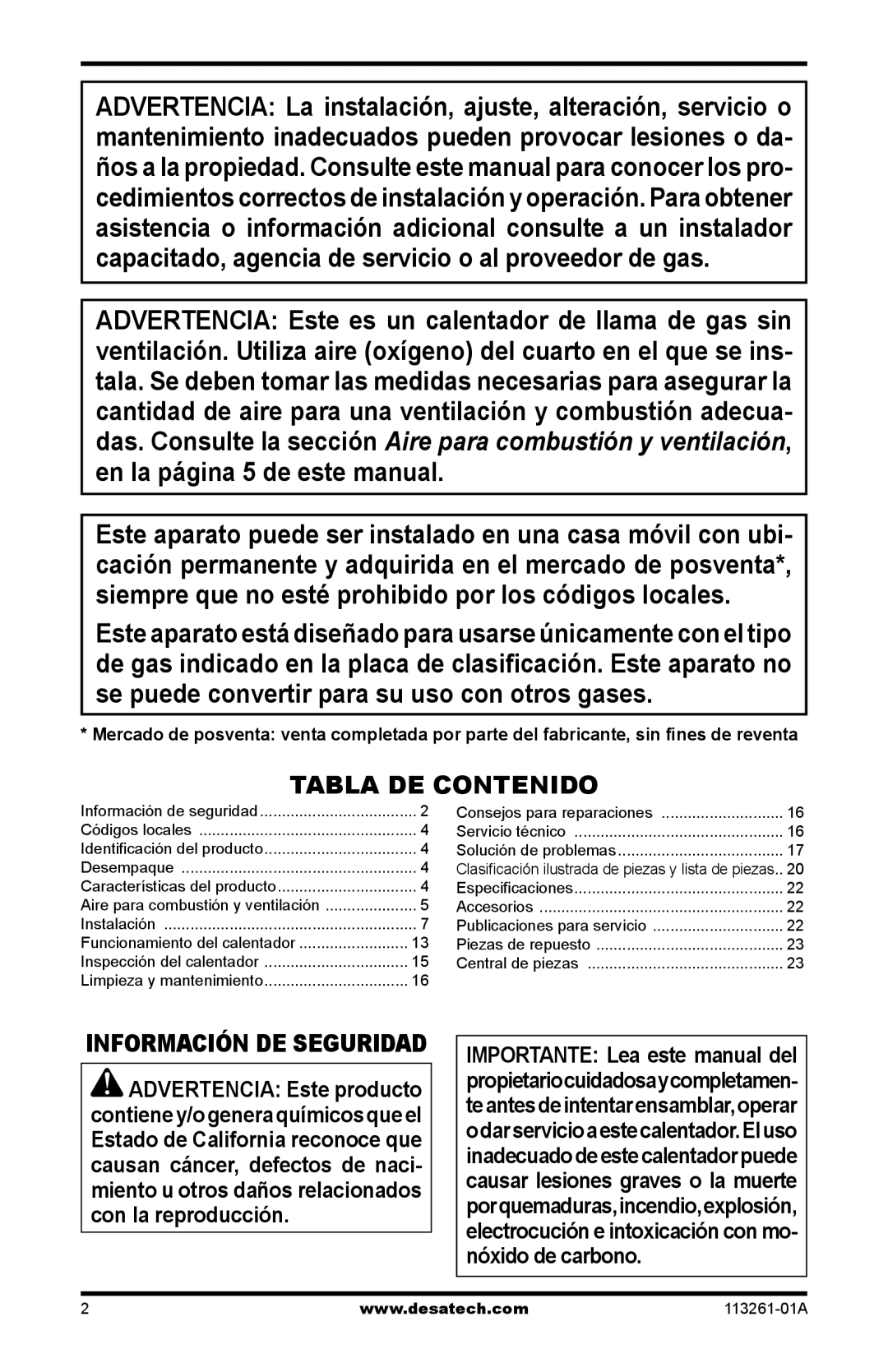 Desa VTN25R, VTP22R, CTR22PR, CTR25NR installation manual Tabla DE Contenido, Información DE Seguridad 