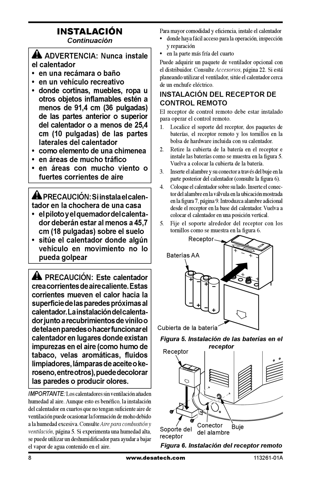 Desa VTN25R, VTP22R, CTR22PR Instalación DEL Receptor DE Control Remoto, Receptor Baterías AA, Cubierta de la batería 