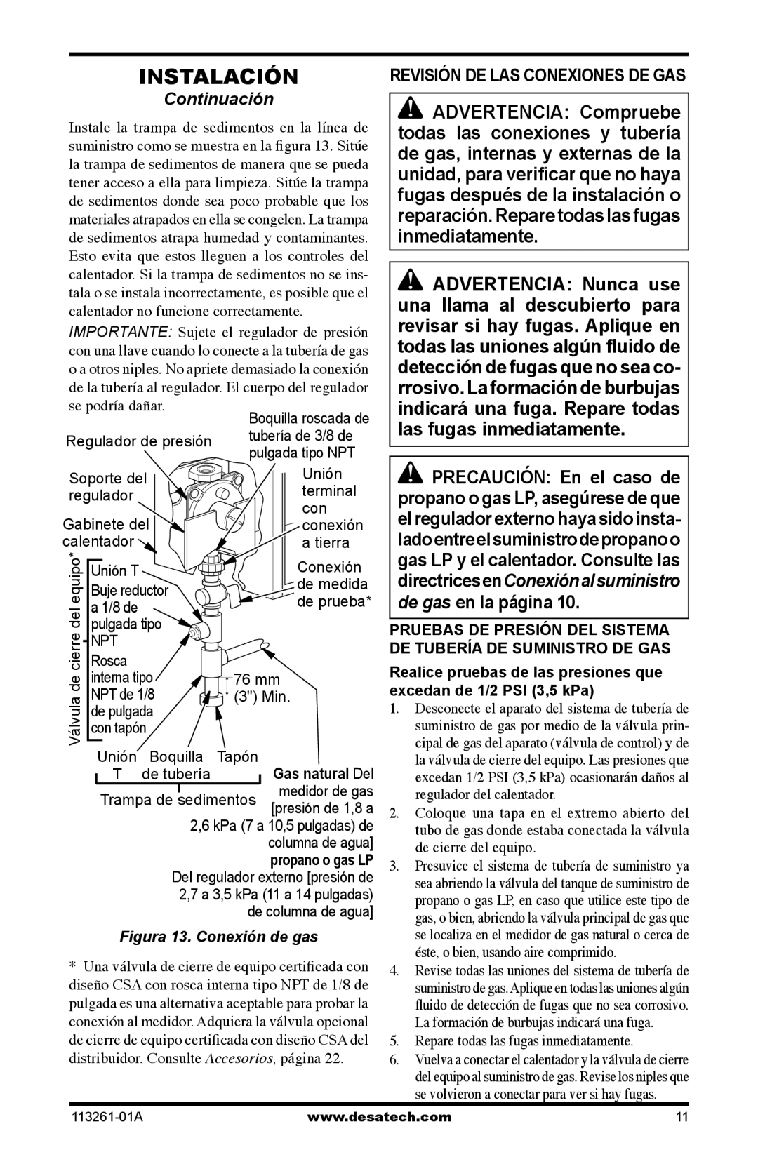 Desa VTN25R, VTP22R, CTR22PR, CTR25NR Revisión DE LAS Conexiones DE GAS, Distribuidor. Consulte Accesorios, página 