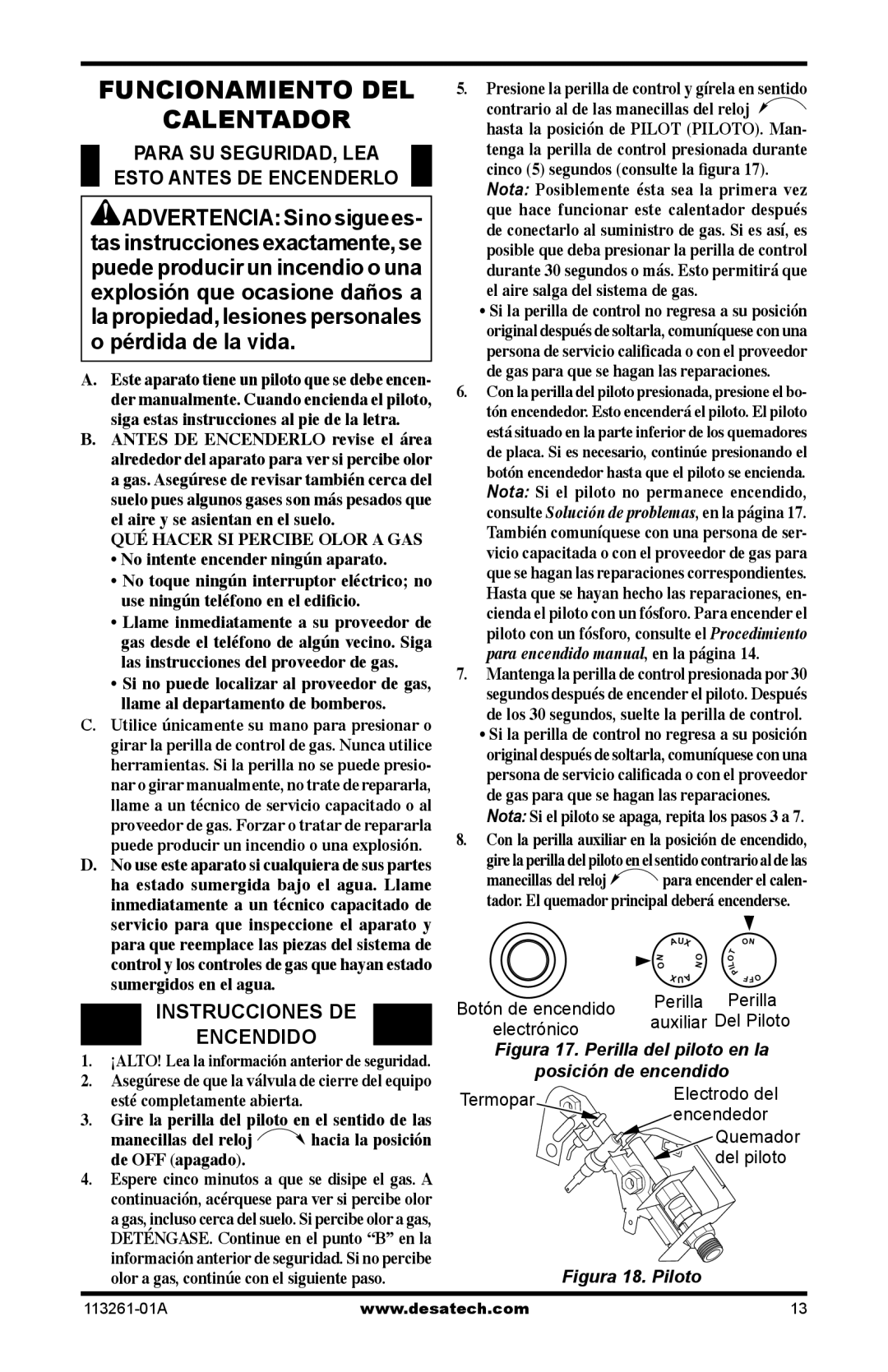 Desa CTR25NR Funcionamiento DEL Calentador, Para SU SEGURIDAD, LEA Esto Antes DE Encenderlo, Instrucciones DE Encendido 