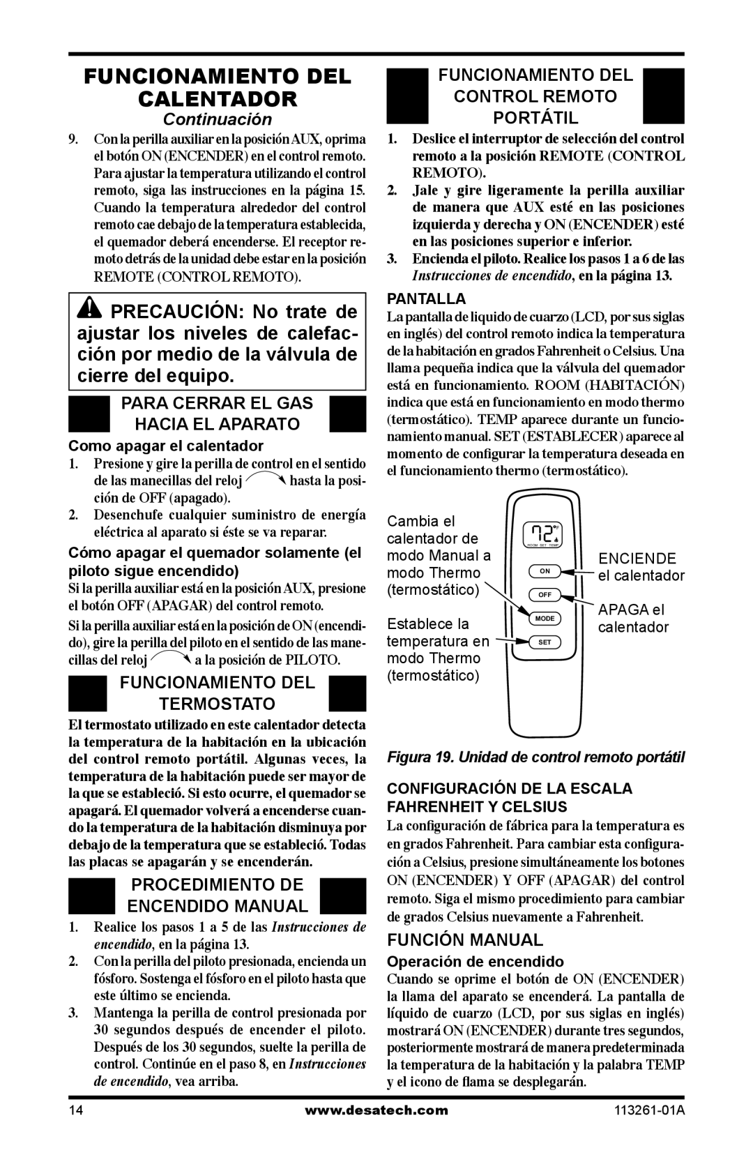 Desa VTN25R, VTP22R, CTR22PR Funcionamiento DEL Termostato, Procedimiento DE Encendido Manual, Función Manual, Pantalla 