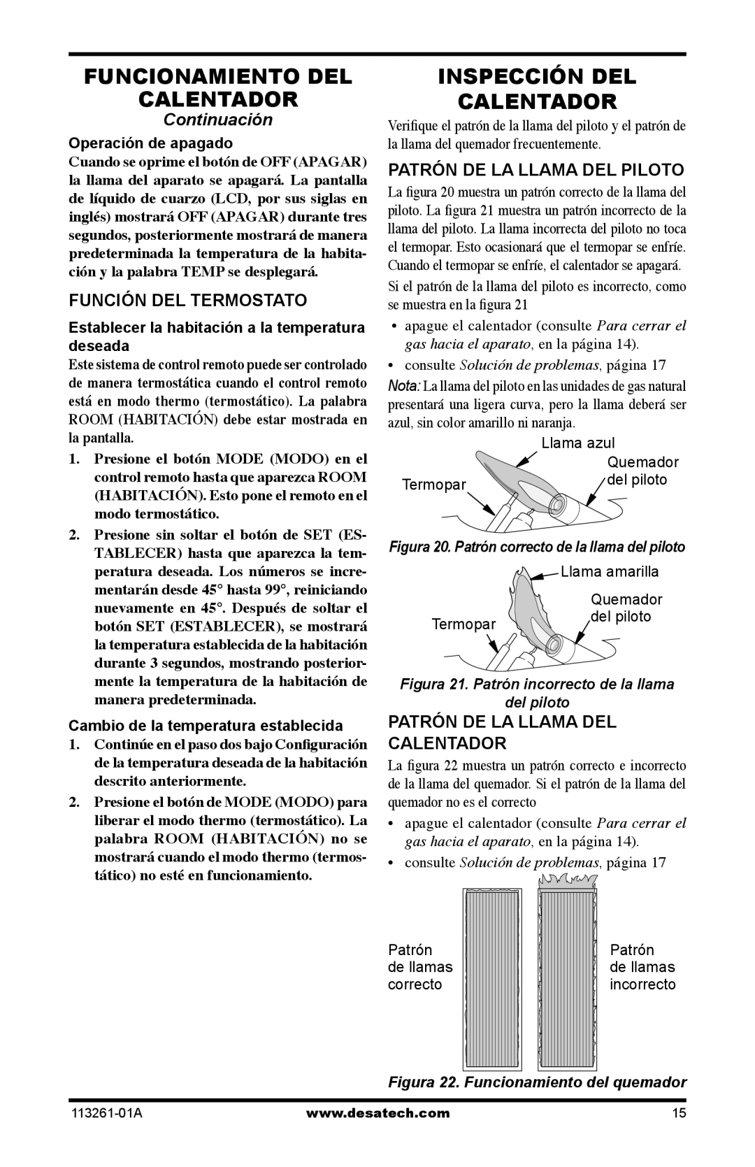 Desa CTR22PR, CTR25NR, VTN25R, VTP22R Inspección DEL Calentador, Función DEL Termostato, Patrón DE LA Llama DEL Piloto 