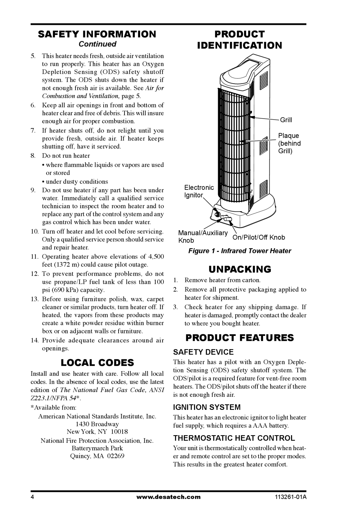 Desa CTR25NR, CTR22PR, VTN25R, VTP22R installation manual Local Codes, Product Identification, Unpacking, Product Features 