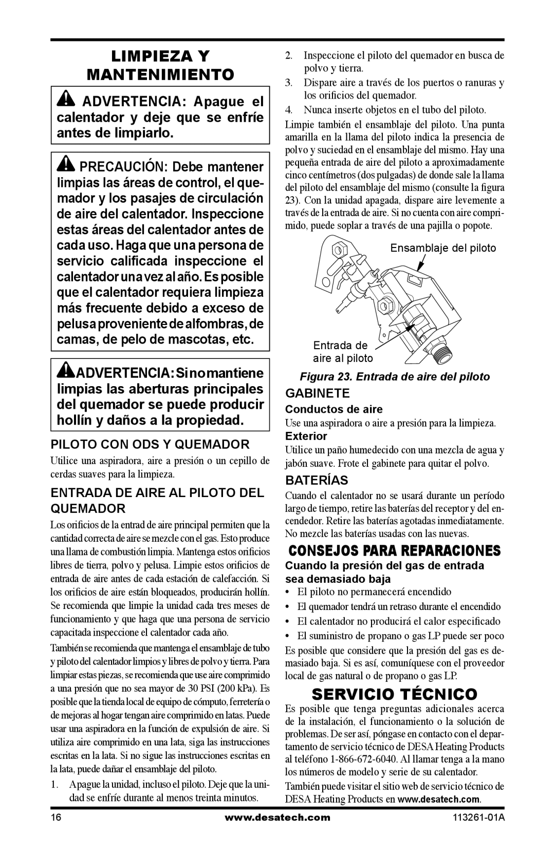 Desa CTR25NR, CTR22PR, VTN25R, VTP22R installation manual Limpieza Y Mantenimiento, Servicio Técnico 