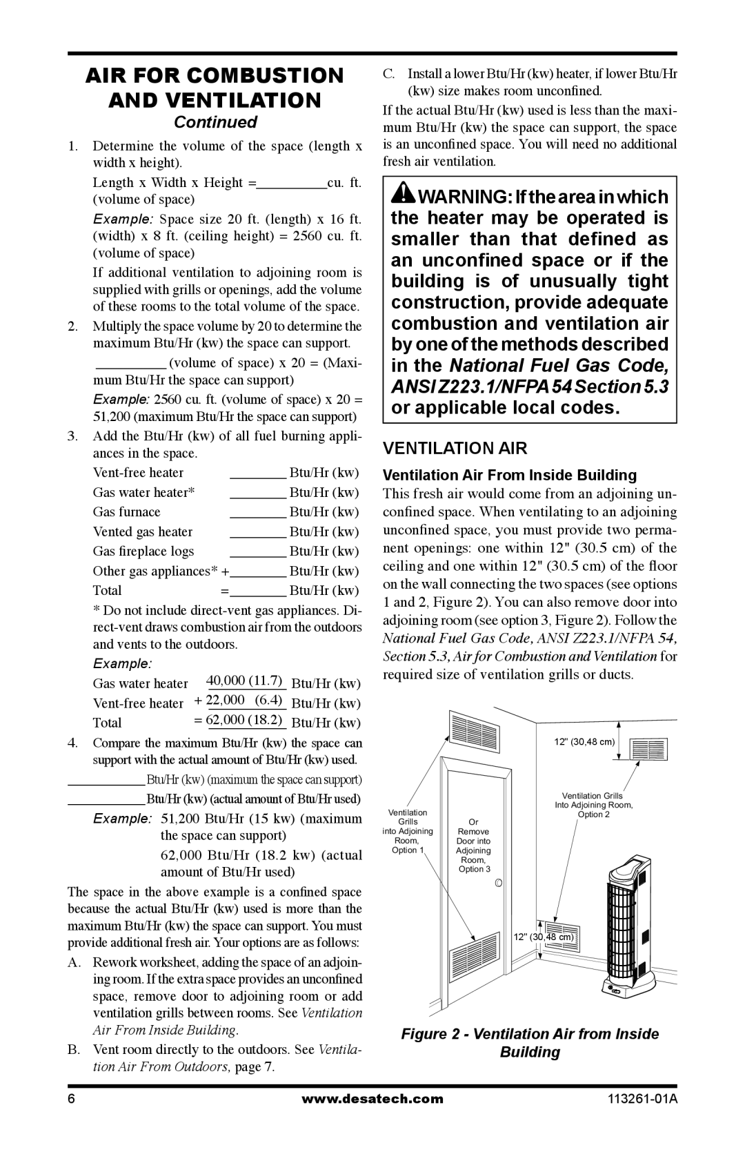 Desa CTR22PR, CTR25NR, VTN25R, VTP22R installation manual Ventilation AIR, Ventilation Air From Inside Building 