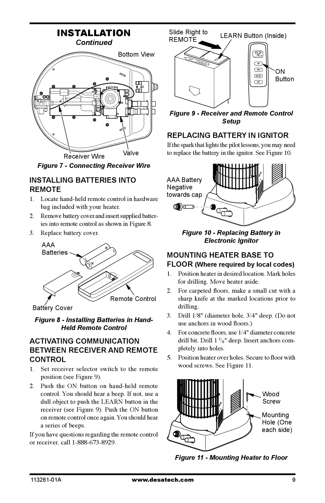 Desa CTR22PR, CTR25NR, VTN25R, VTP22R installation manual Installing Batteries Into Remote, Replacing Battery in Ignitor 