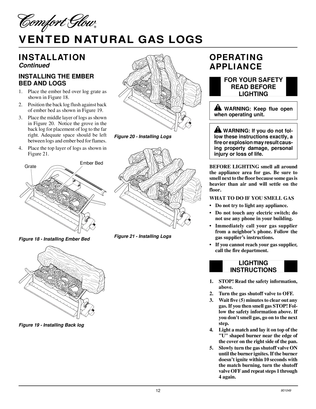 Desa CVTR24, CVTR18 Operating Appliance, Installing the Ember BED and Logs, For Your Safety Read Before Lighting 