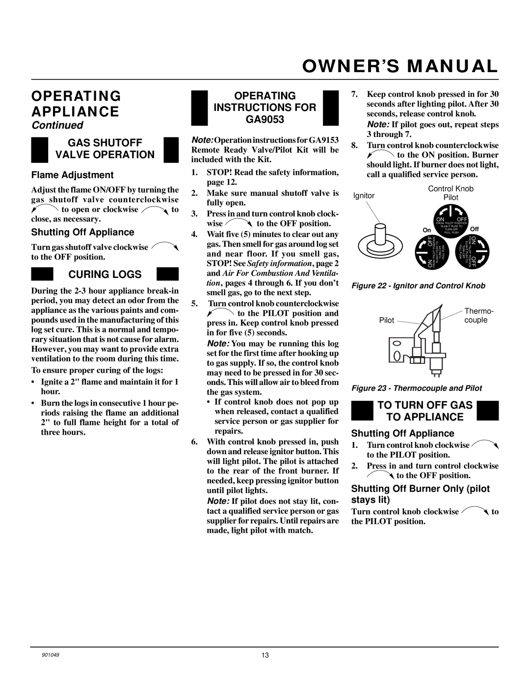 Desa CVTR18, CVTR24 GAS Shutoff Valve Operation, Curing Logs, Operating Instructions for, To Turn OFF GAS To Appliance 