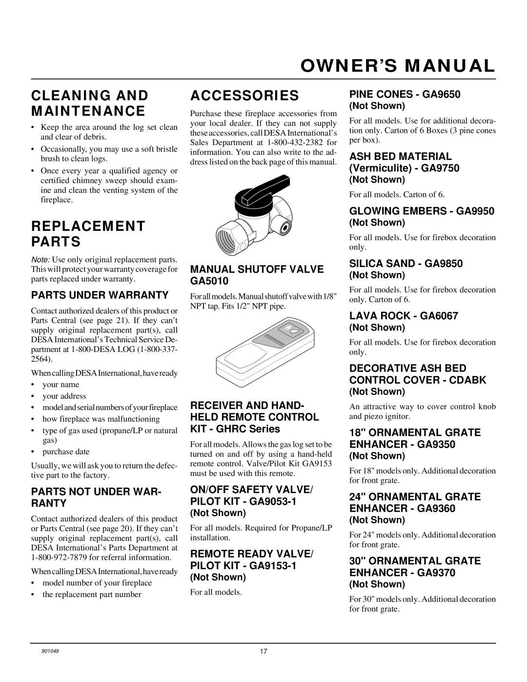 Desa CVTR18, CVTR24 installation manual Cleaning and Maintenance, Replacement Parts, Accessories 